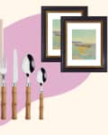 Collage of a rug, bamboo handle silverware, and black frames with a gold accent