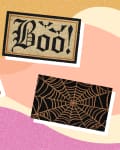 A graphic featuring three seasonal halloween-themed door mats.
