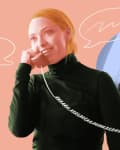 Woman with red hair on phone, wearing a dark turtleneck, with a thought bubble showing her in sunglasses and a black outfit.