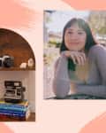 Bookshelf with colorful books, vintage cameras, and a candle; woman smiling outdoors in sunlight.