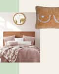 Wooden bed with pink bedding, round mirror, brown pillow with abstract design, and white scrub brush.