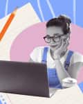 Woman in glasses using a laptop, with a pencil and notebook on a blue and pink background.