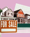 Collage of houses with a "For Sale" sign in front, green grass, and a grid background.