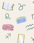 Astrological symbols with illustrations of a brain, candle, coins, notebook, and photo.