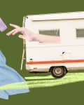 collage of RV throwing out unnecessary things