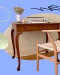 collage with a photo of the author's vintage desk with a computer mouse, pencil and calendar