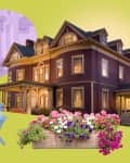 collage showing a large inn, garden flowers, a rocking chair, and an Inn sign