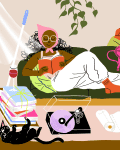 Illustration of a woman on her couch reading and relaxing surrounded by a pile of laundry, a broom, and some cleaning products