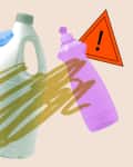 Hand with blue cloth cleaning a white bottle, surrounded by green and purple bottles, and a caution sign.
