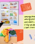 Collage of decluttering dates with clothes sorting, medicine cabinets, and fridge cleaning
