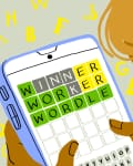 illustration of a woman playing wordle on her phone with various letters floating around her