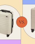 Two beige hard-shell suitcases with wheels, side by side, on a split background with "vs." in the center.