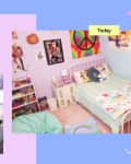 graphic collage of photos of the author and her childhood bedroom in 1993, with a photo of the recreated bedroom today