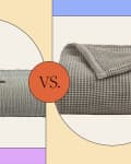 Two gray blankets compared side by side, one with a ribbed texture and the other with a waffle weave pattern.