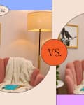 side by side comparison graphic showing a lamp with a soft white bulb and a lamp with a daylight bulb