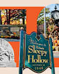 photo collage of various attractions in Sleepy Hollow, NY including the town's cemetery entrance, a fall pumpkin display, the Headless Horseman monument, and the town welcome sign