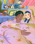 illustration of two friends hugging in a living room