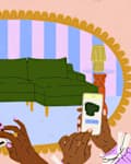 Illustration of a green couch with hands holding phones in the foreground