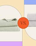 graphic of a stack of two waffle bath towels from Brooklinen versus a stack of two waffle bath towels from Quince side-by-side