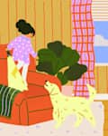 illustration of a father talking to his daughter who is jumping on a recliner in their living room at home