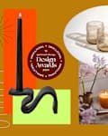Black twisted candle, set of four ribbed glasses, and lit candles with flowers on a table, Apartment Therapy Design Awards 2024.