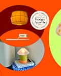 Collage of unique lamps, including a mushroom-shaped lamp, a pleated lamp, and a wall sconce, with a design award badge.