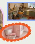 Three vintage-style bathrooms featuring a clawfoot tub, colorful decor, and plush toilet seat covers.