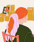 illustration of a woman sitting at her laptop after scheduling a donation pickup with a mover in the background helping to pick up boxes