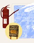 Fire extinguisher beside a sign indicating high fire danger today, with a blue aerial view of houses marked for sale.