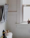 Bathroom window with two small potted plants on the sill, striped towel on rack, and toilet paper holder below.