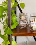 Four labeled jars filled with cash for concert, house, travel, and class funds on a wooden shelf with green plant.