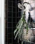 Pretty shower with black tile, white shower curtain pulled aside