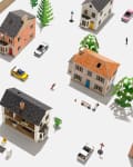 Miniature town with houses, cars, trees, and a train on tracks, viewed from above.