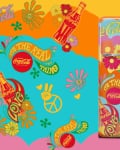 Retro Coca-Cola themed fridge with colorful flowers, peace signs, and vintage logos on a vibrant background.