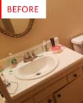 Small bathroom with beige walls, white sink, toilet, and shower curtain, labeled "Before."