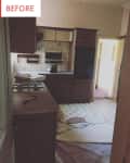 Outdated kitchen with dark wood cabinets, broken linoleum floor, and beige tiled backsplash.
