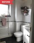 Small bathroom with white tiles, wall shelf with plants, towels, and decor, and a towel radiator under a window.