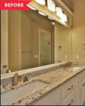 Bathroom with double sink vanity, granite countertop, large mirror, and toilet, leading to a carpeted room.