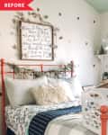 Cozy bedroom with orange metal bed, polka dot wall, and decorative sign. Laundry basket and cardboard box on bed.