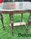Ornate wooden table with curved edges and turned legs on grass, labeled "Before."