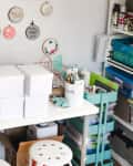 Crowded desk area in white office