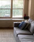Gray couch in front of large window with cream-colored area rug