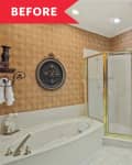 Bathroom with corner shower, large mirror, jacuzzi tub, and wooden cabinets.