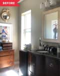 Before: Dark bathroom with traditional wood vanity