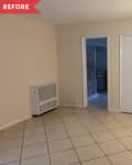 Before: bare studio with beige tile floors and beige walls