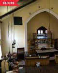 Before: photo of dark church with kitchen at altar
