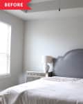 Before: Boring white bedroom with gray bed.