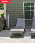Before: Gray lounge chairs on an otherwise empty patio