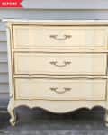 Before: Pale yellow-cream French provincial-style three-drawer dresser