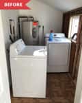 Small laundry room with a washing machine, dryer, water heater, and detergent bottle on a wooden floor.